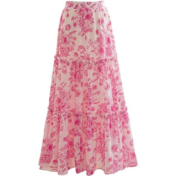 Women's Floral Print Tiered Layered Long Skirt Baby Pink - Picture 1 of 5